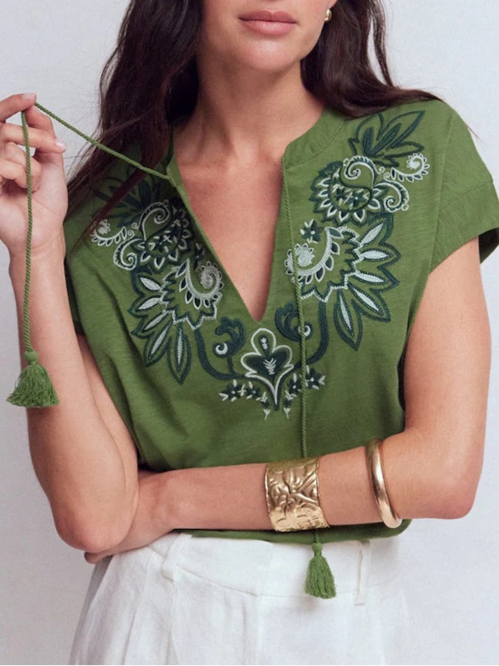 Boden Nina Embroidered Notch Tee in Safari Green